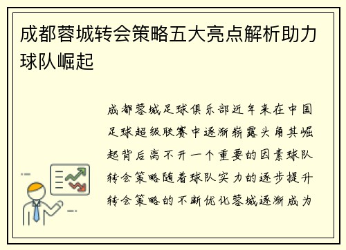 成都蓉城转会策略五大亮点解析助力球队崛起