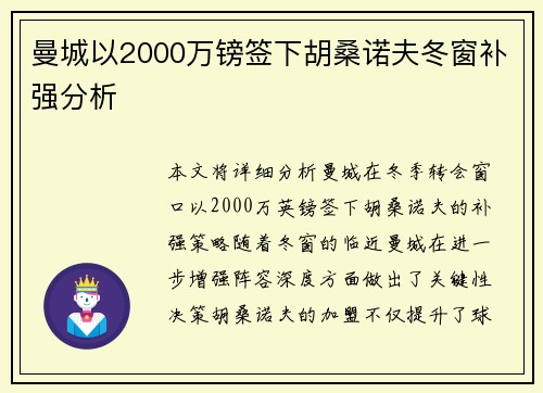 曼城以2000万镑签下胡桑诺夫冬窗补强分析
