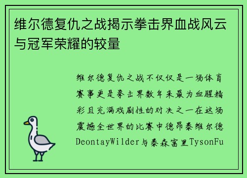 维尔德复仇之战揭示拳击界血战风云与冠军荣耀的较量 维尔德复仇之战揭示拳击界血战风云与冠军荣耀的较量