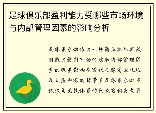 足球俱乐部盈利能力受哪些市场环境与内部管理因素的影响分析 足球俱乐部盈利能力受哪些市场环境与内部管理因素的影响分析